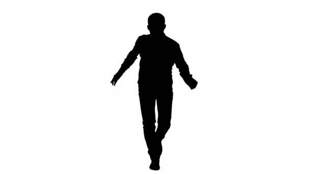 Silhouette junger verrückter Mann tanzt und wichst vorwärts. — Stockvideo