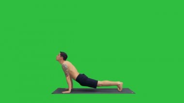 Flexible strong yoga man in Upward and Downward Facing Dog Urdhva Mukha Svanasana on a Green Screen, Chroma Key.