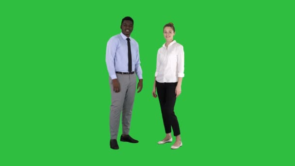 Empresarios exitosos, equipo de negocios posando en una pantalla verde, Chroma Key . — Vídeo de stock