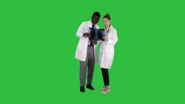 Genç kadın doktor ve akciğer röntgeni resmi Chroma anahtar yeşil ekran bakarak afro Amerikalı doktor.