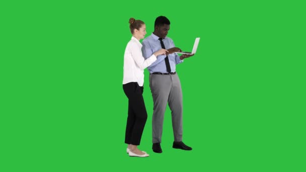 Afro amerikansk business rådgivare visar något på laptop skärm pratar med vita affärskvinna på en grön skärm, Chroma Key. — Stockvideo