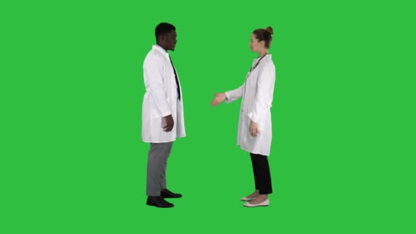 Zwei junge Ärzte beim Händeschütteln auf einem grünen Bildschirm, Chroma-Schlüssel. — Stockvideo