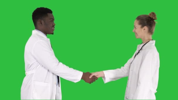 Médecins serrant la main et posant à la caméra sur un écran vert, Chroma Key . — Video