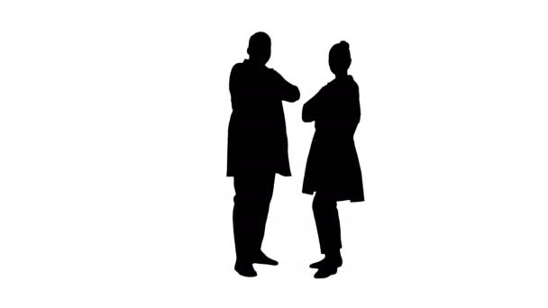 Silhouette Woman and man doctors with crossed arms. — Stock Video