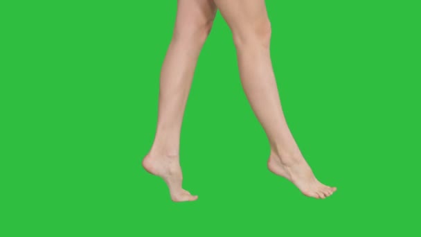 Όμορφα γυναικεία πόδια περπατώντας κομψά στην συμβουλή toe σε μια πράσινη οθόνη, Chroma Key. — Αρχείο Βίντεο