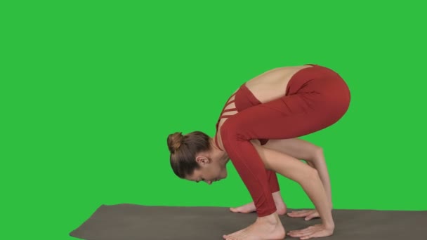 Hermosa mujer en forma joven que usa ropa deportiva haciendo soporte de manos, variación de la postura de luciérnaga, Tittibhasana en una pantalla verde, Chroma Key . — Vídeo de stock