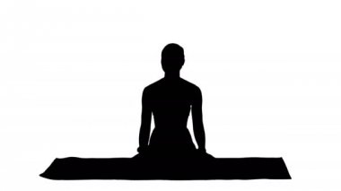 Tam yol ileri. Siluet güzel bir kadın yoga minderinde oturuyor ve biriyle konuşuyor. 4K çözünürlükte profesyonel atış. 009. Kullanabilirsin, mesela. Spor, yoga, sağlıklı, ticari videonuzda