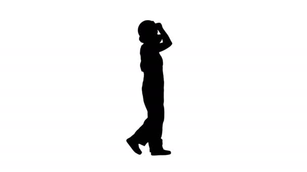 Volledig Schot Zijaanzicht Silhouet Jonge Aantrekkelijke Vrouw Bouw Uniform Zet — Stockvideo
