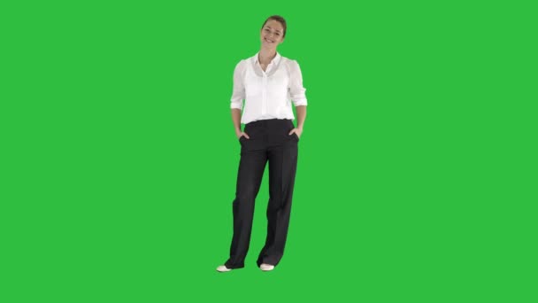 Smiling Female Business Leader Standing And Smiling To Camera on a Green Screen, Chroma Key. — Stock Video