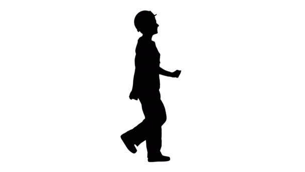 Silhouette lycklig kvinna byggnadsarbetare promenader på roligt sätt vill arbeta. — Stockvideo