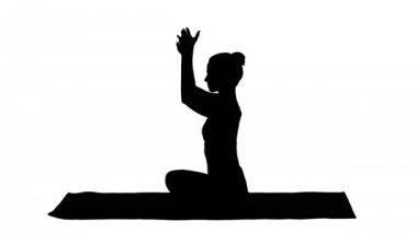 Siluet Genç sportif çekici kadın yoga yapıyor, Lotus pozu veriyor..