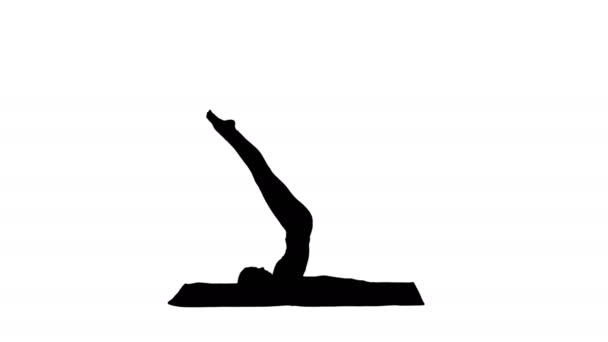Silhouette Bella ragazza sportiva che fa esercizi di yoga per la forza addominale, Spalla supportata asana, Salamba Sarvangasana . — Video Stock