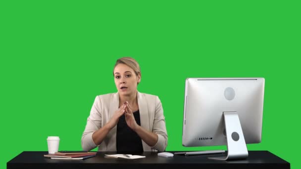 Cute Businesswoman Looks Camera Her Office Talks Green Screen Chroma — Stock Video