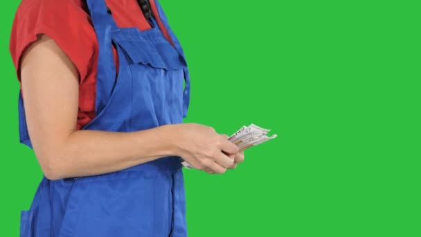 Een vrouw in een werknemers kleding graven geld op een groen scherm, Chromakey. — Stockvideo