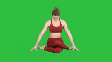 Nadi shodhana pranayama veya Breathingin gomukhasana asana veya inek baş poz Chroma anahtar yeşil ekranda pratik yoga-kız.