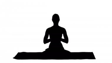 Yoga oturan siluet güzel genç kadın poz Lotus elleri konumunu değiştirme.