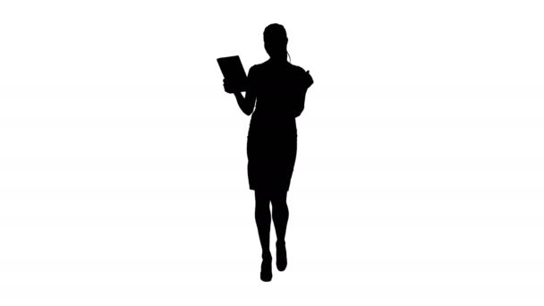 Silhouette Happy woman chatting via video call on tablet. — Stock Video