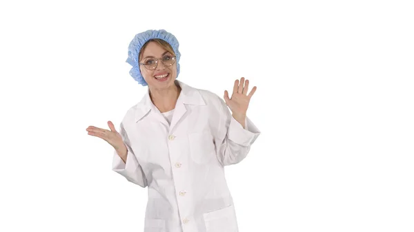 Geek young blonde doctor woman talking to camera on white background. — Stock Photo, Image