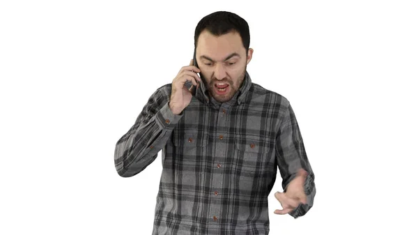 Człowiek zły rozmowa na telefon i chodzenie na białym tle. — Zdjęcie stockowe