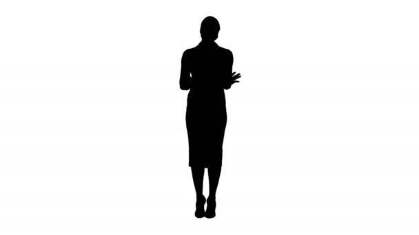 Volledig Portret Silhouet Charmante Lachende Energieke Vrouw Formele Kleren Die — Stockvideo