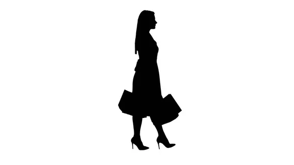 Sylwetka szczęśliwy Ładna dziewczyna trzyma chodzenie z torby na zakupy. — Zdjęcie stockowe