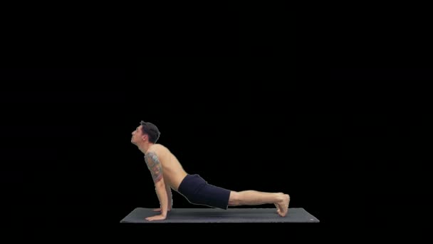 上下颠倒面对狗Urdhva Mukha Svanasana, Alpha频道的柔韧强壮瑜珈男 — 图库视频影像