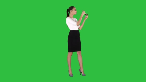 Mooie jongedame poeder toe te passen op de Wang met borstel op een groen scherm, Chromakey. — Stockvideo