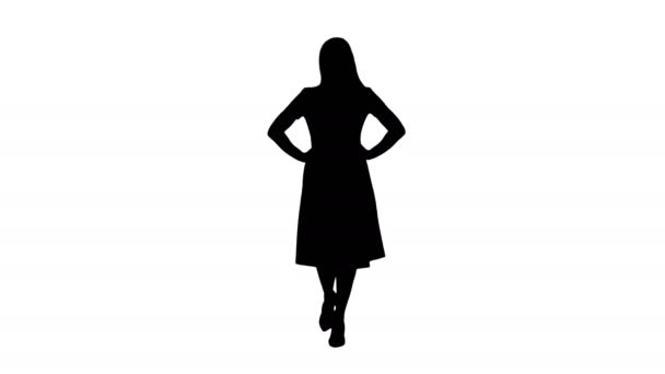 Silhouette Surprised beautyful woman walking with hands on her hips. Surprising facial emotions. — Stock Video