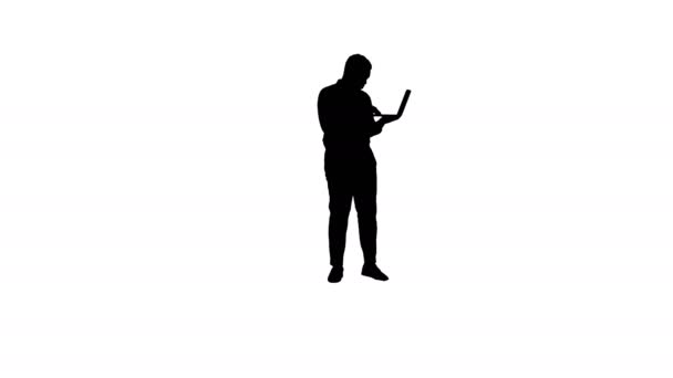 Volledige Lengte Silhouet Afro Amerikaanse Zakenman Werkt Met Laptop Professionele — Stockvideo