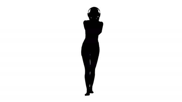 Vista Tutta Lunghezza Silhouette Ragazza Felice Articoli Tempo Libero Ascoltare — Video Stock