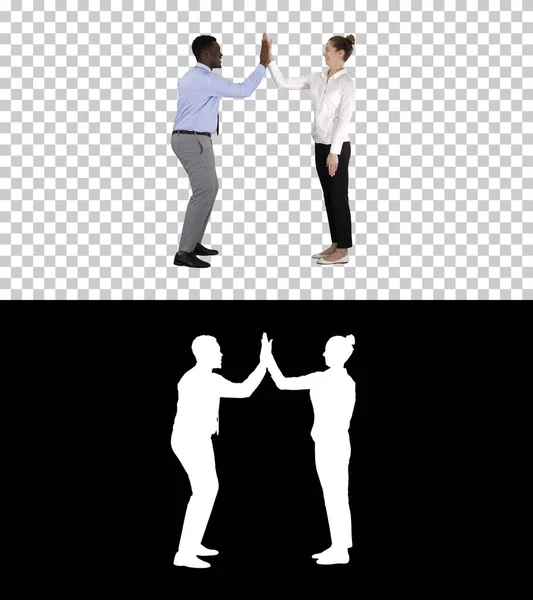 Young woman and young man in formal clothes give high five, Alpha Channel