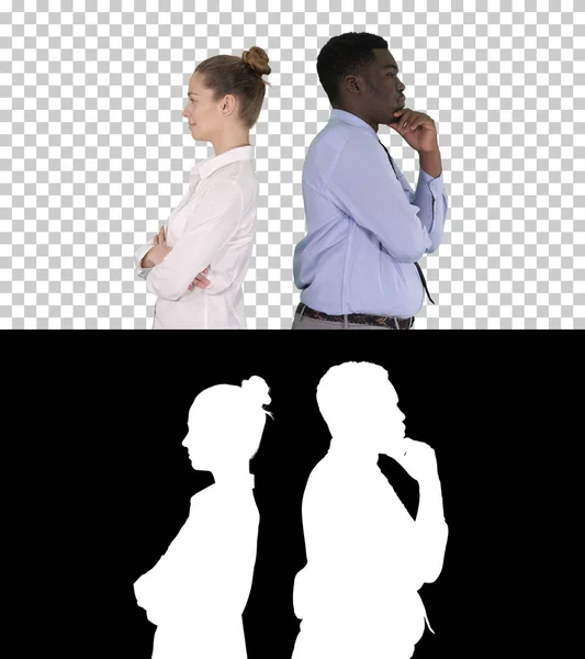 Beautiful and handsome guy standing back to back changing poses, Alpha Channel — Stock Photo, Image