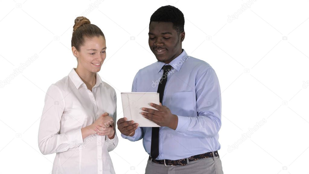 Modern business people working on a tablet on white background.