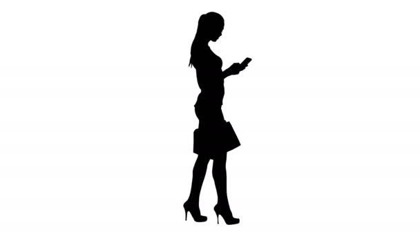 Silhouette Beautiful young woman using a mobile phone walking and holding shopping bags. — Stock Video