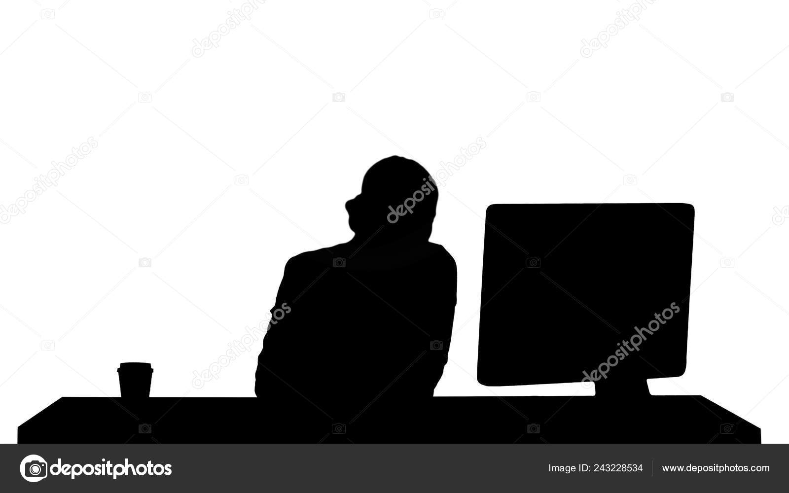 Silhouette Beautiful Happy Smiling Young Office Woman Working On