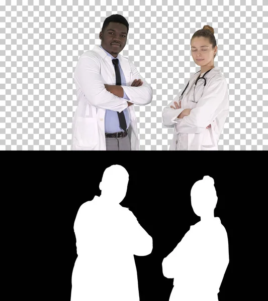 Woman and man doctors with crossed arms, Alpha Channel