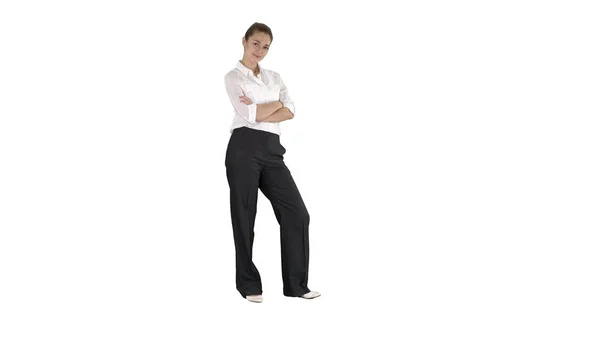 Attractive cute gorgeous young girl wearing formal wear with folded hands on white background. — Stock Photo, Image