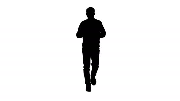 Retrato Comprimento Total Silhouette Walking Man Apontando Explicando Algo Tiro — Vídeo de Stock