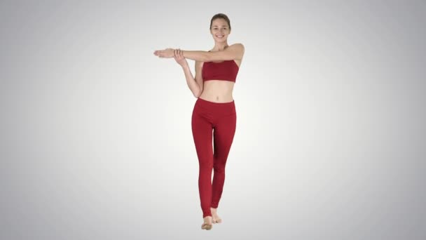 Full Length Young Woman Stretching Hands Yoga Dress Gradient Background — Stock Video