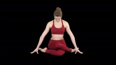 Nadi shodhana pranayama veya Breathingin gomukhasana asana veya inek baş poz, alfa kanalı pratik yoga-kız