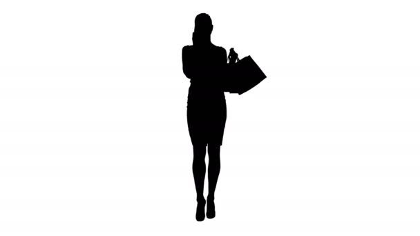 Silhouette Shopping femme avec des sacs parler au téléphone. — Video