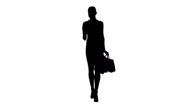 Silhouette幸せな若いです女性とともにスマートフォン作り写真彼女のショッピングバッグ. — ストック動画