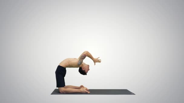 Yogi doing camel yoga pose on gradient background. — Stock Video