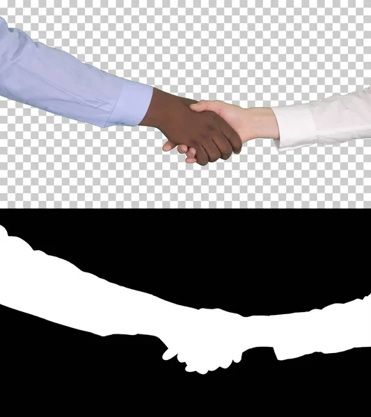 Handshake Afro americký a kavkazské ženských rukou, alfa kanál — Stock fotografie