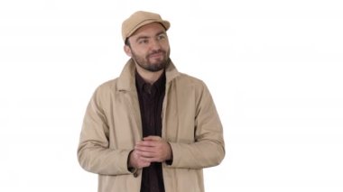 Yakışıklı genç düşünceli adamın beyaz arka plan hakkında harika bir fikri var..
