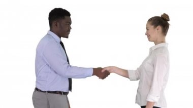 Karşılıklı iş kadını ve beyaz arka plan üzerinde resim için poz iş adamı.