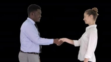 İş kadını ve iş adamının el sıkışması. Alfa Kanalı için poz veriyor.