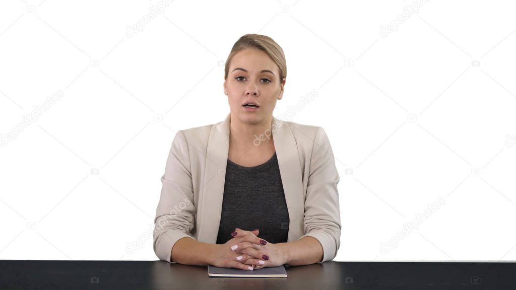 Young beautiful television announcer giving a speach, white background