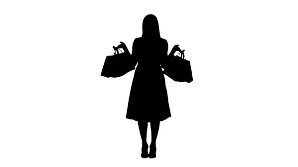 Silueta Mujer con bolsas de compras en vestido rosa de pie. —  Fotos de Stock