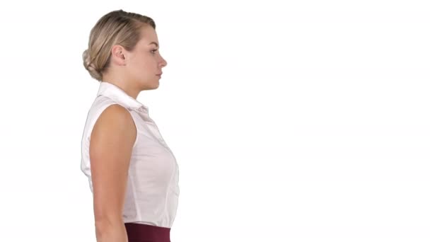 Young business woman walking on white background. — Stock Video